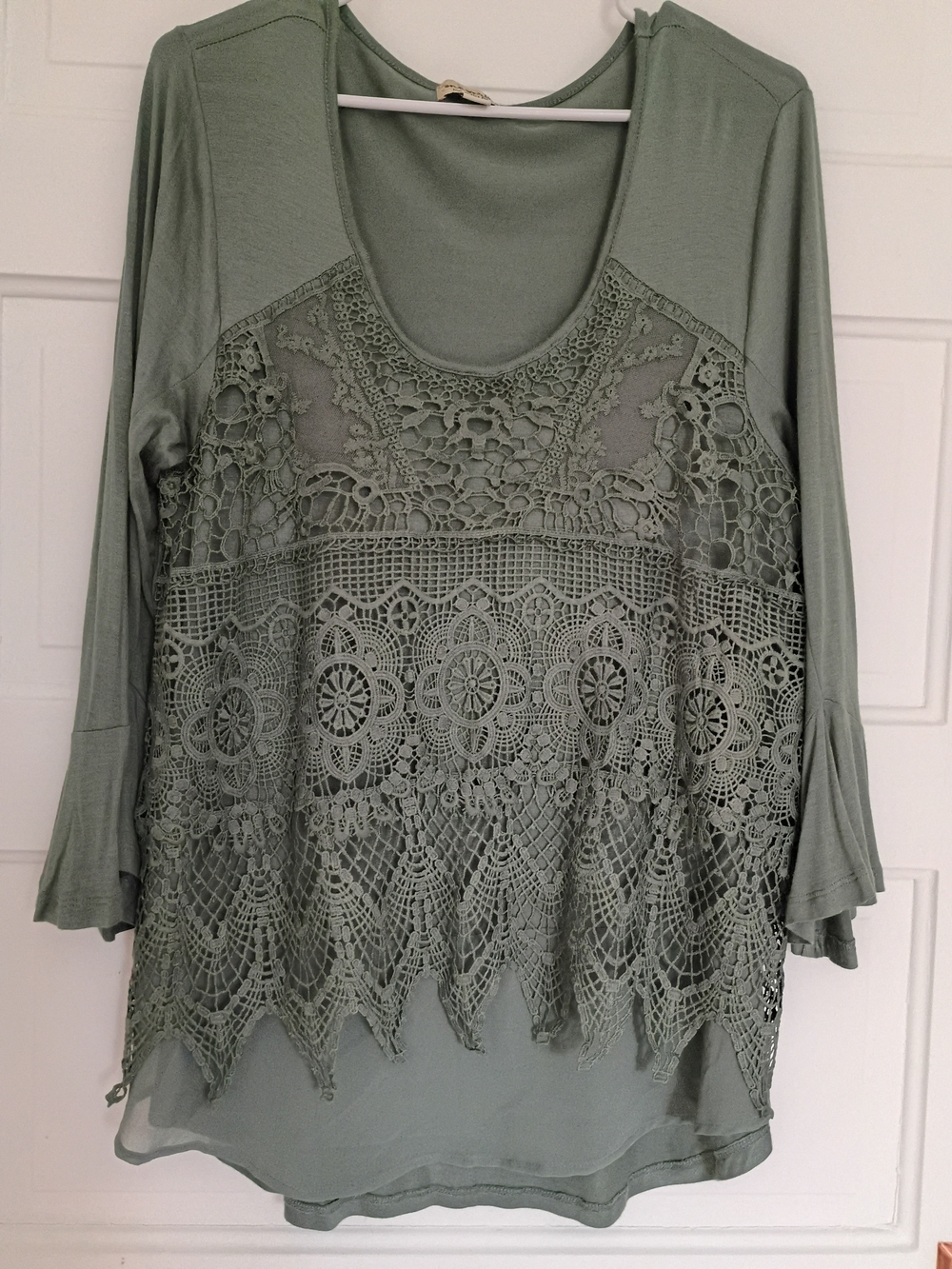 ONE WORLD Sage Green Crochet Lace Scoop Neck Tunic